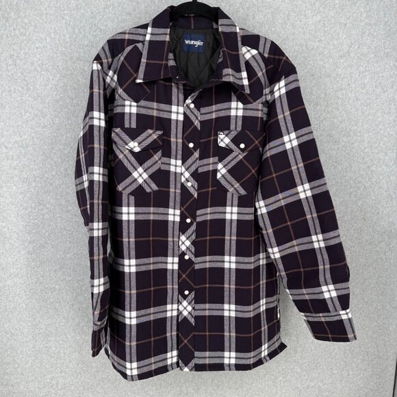 Wrangler Mens Quilted Lined Flannel Shirt Jacket Size L Purple Plaid Pearl Snap - Picture 1 of 14